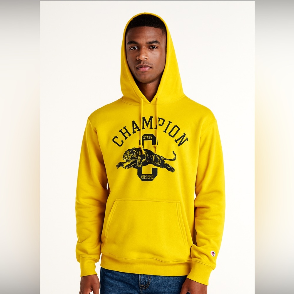 Champion Varsity lemon curry Hoodie with Navy Graphic
